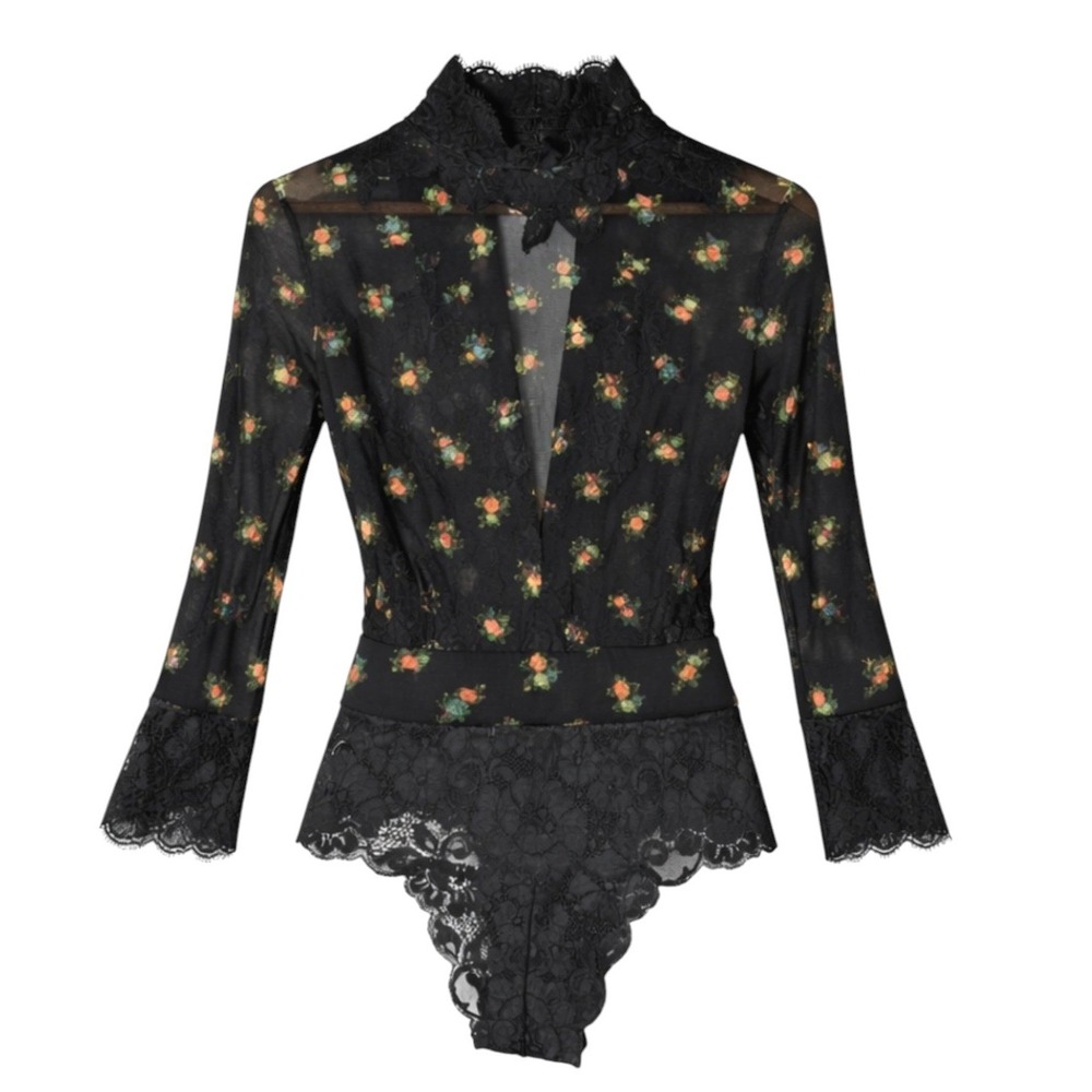 Hot As Hell HAH‎ Floral Lace Bodysuit Womens Medium Black Sheer Boho Whimsigoth